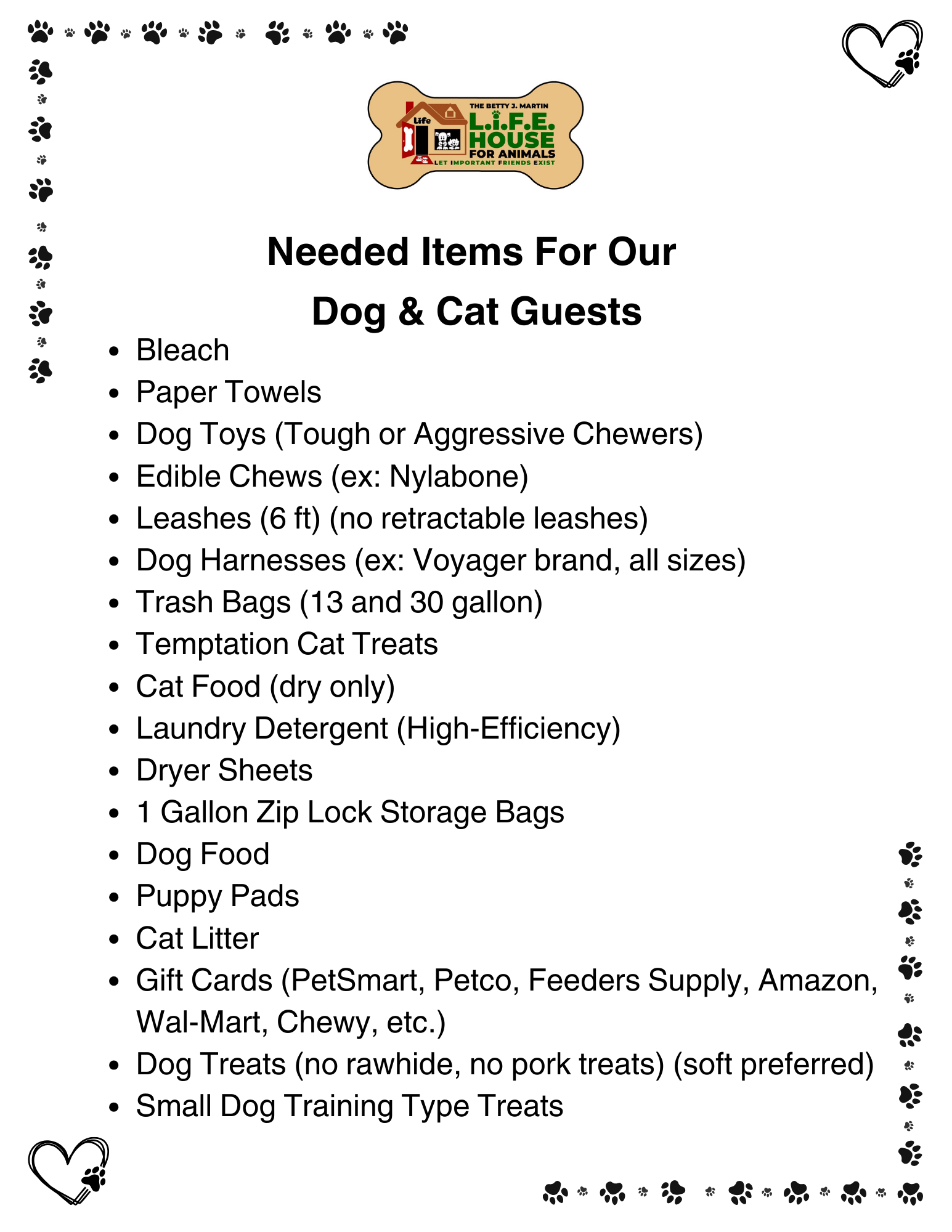 Needed Items - LIFE House For Animals